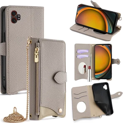 For Samsung Galaxy XCover7 Pro Leather Case Wallet Stand Cover Irregular Tail Style with Chain Strap - Grey