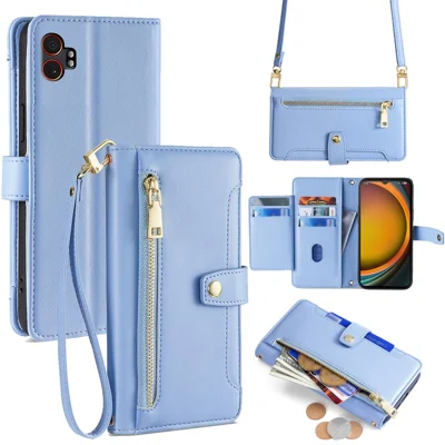 For Samsung Galaxy XCover7 Pro Leather Case Zipper Pocket Wallet Phone Cover with 2 Straps - Blue