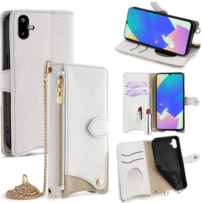 For Samsung Galaxy F06 5G Leather Case Wallet Stand Cover Irregular Tail Style with Chain Strap - White