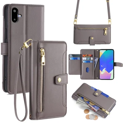 For Samsung Galaxy F06 5G Leather Case Zipper Pocket Wallet Phone Cover with 2 Straps - Grey