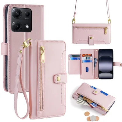 Voor Xiaomi Redmi Note 14S 4G Leren Hoesje met Ritsvak Portemonnee Telefoonhoes met 2 Riemen - Roze