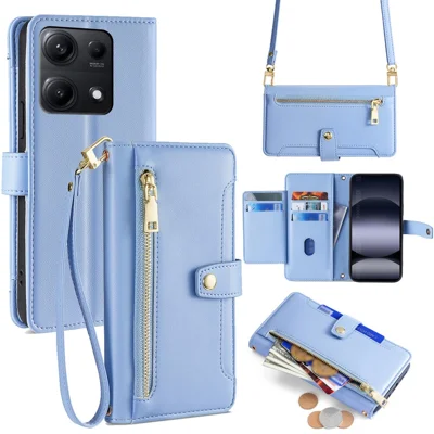 Voor Xiaomi Redmi Note 14S 4G Leren Hoesje met Ritsvak Portemonnee Telefoonhoes met 2 Riemen - Blauw