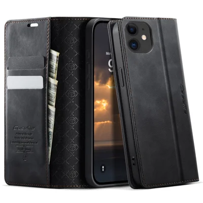 CASEME For iPhone 12 mini 5.4 inch Case  033 Series RFID Blocking Wallet Stand Calf Texture Leather Phone Cover - Black