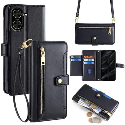 For Xiaomi Redmi A5 4G (171.7mm) Leather Case Zipper Pocket Wallet Phone Cover with 2 Straps - Black