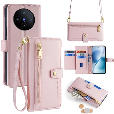 For vivo X200s 5G Leather Case Zipper Pocket Wallet Phone Cover with 2 Straps - Pink