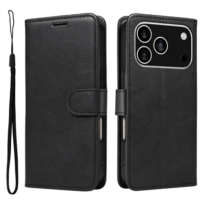 For iPhone 18 Pro / 17 Pro Leather Wallet Case with Strap Solid Color Phone Stand Cover - Black