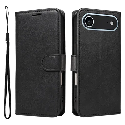 For iPhone Air Leather Wallet Case with Strap Solid Color Phone Stand Cover - Black