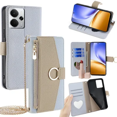 For Realme 14 5G Case Mirror Wallet Leather Phone Cover with Chain Shoulder Strap - Blue