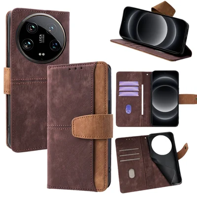 For Xiaomi 14 Ultra Case RFID Blocking Color Splicing PU Leather Wallet Phone Cover - Brown