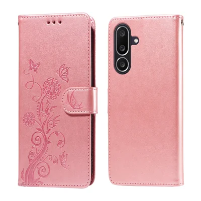For Samsung Galaxy M56 5G Leather Case Butterfly Floral Imprint Wallet Stand Cover - Pink