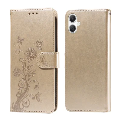 For Samsung Galaxy A08 5G / A08 4G / A07 4G / A06 4G / A06 5G Leather Case Butterfly Floral Imprint Wallet Stand Cover - Golden