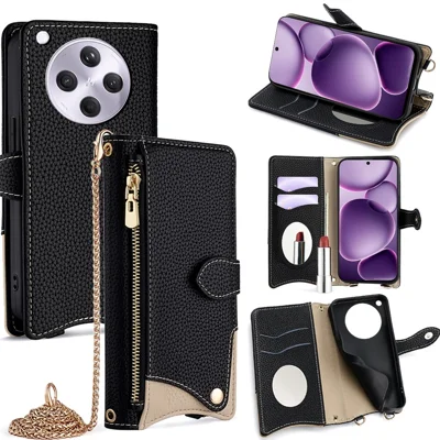 For Oppo Find X8s+ 5G Leather Case Wallet Stand Cover Irregular Tail Style with Chain Strap - Black
