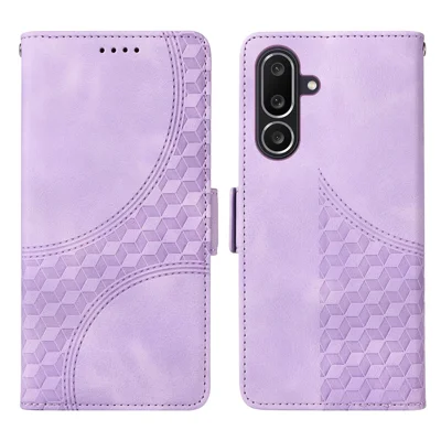 For Samsung Galaxy M56 5G Leather Cases Wallet Rhombus Imprinted Phone Cover Stand with Strap - Purple
