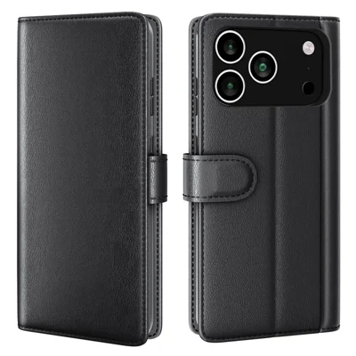 For iPhone 18 Pro Max / 17 Pro Max Case Genuine Split Leather Phone Cover with Wallet Stand - Black