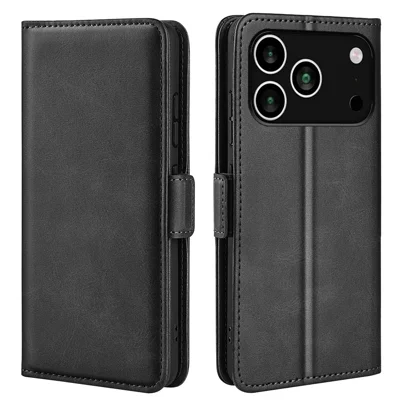 For iPhone 18 Pro / 17 Pro Case Calf Texture Leather Wallet Phone Cover - Black