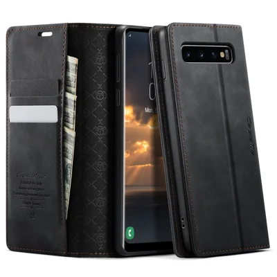 CASEME For Samsung Galaxy S10 Plus Case  033 Series RFID Blocking Wallet Stand Calf Texture Leather Phone Cover - Black