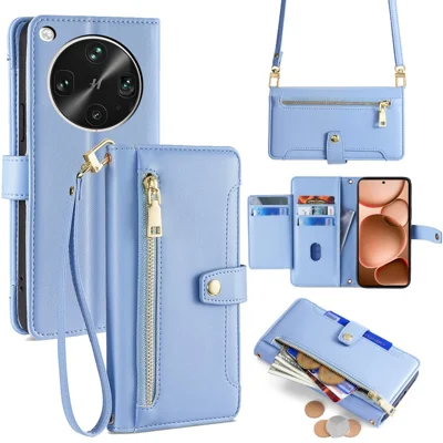 For Oppo Find X8 Ultra 5G Leather Case Zipper Pocket Wallet Phone Cover with 2 Straps - Blue