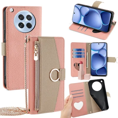 For Oppo Find X8s 5G Case Mirror Wallet Leather Phone Cover with Chain Shoulder Strap - Pink