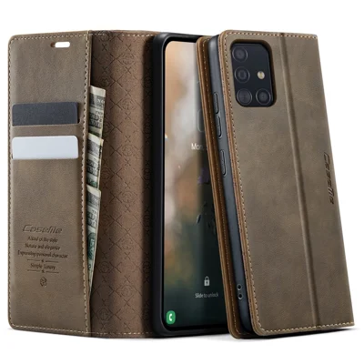 CASEME For Samsung Galaxy A51 4G SM-A515 Case  033 Series RFID Blocking Wallet Stand Calf Texture Leather Phone Cover - Coffee