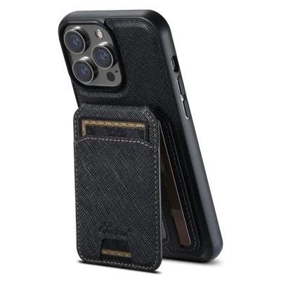SUTENI H18 For iPhone 15 Pro Max Magnetic Case Cross Texture Leather + TPU Cover with Detachable Card Bag - Black