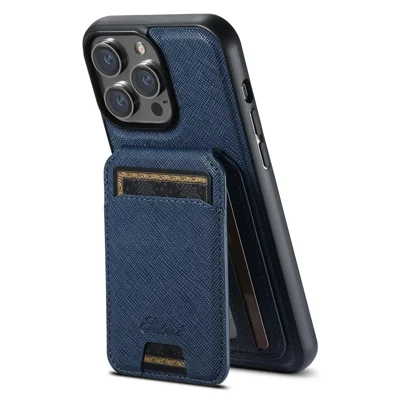 SUTENI H18 For iPhone 15 Pro Magnetic Case Cross Texture Leather + TPU Cover with Detachable Card Bag - Blue