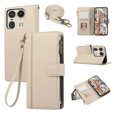 For Motorola Edge 50 Ultra 5G / Moto X50 Ultra 5G Case Multi Card Slots Zipper Leather Phone Cover with Shoulder Strap / Wrist Strap - Beige