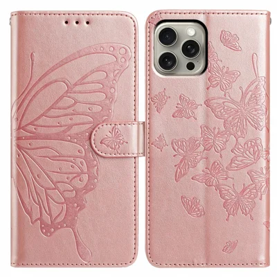 For iPhone 16 Pro Max Case Butterfly Imprinted Wallet Stand PU Leather Flip Phone Cover with Strap - Rose Gold