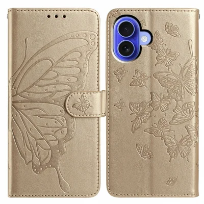 Voor iPhone 16 Plus hoesje met vlinderprint Wallet Stand PU Leather Flip hoesje met riem - Goud
