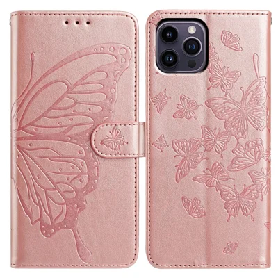For iPhone 14 Pro Case Butterfly Imprinted Wallet Stand PU Leather Flip Phone Cover with Strap - Rose Gold
