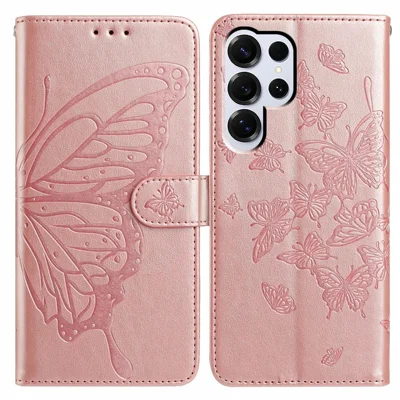 For Samsung Galaxy S25 Ultra Case Butterfly Imprinted Wallet Stand PU Leather Flip Phone Cover with Strap - Rose Gold
