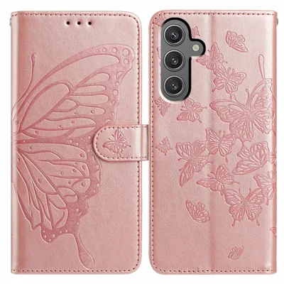 For Samsung Galaxy S24 FE Case Butterfly Imprinted Wallet Stand PU Leather Flip Phone Cover with Strap - Rose Gold