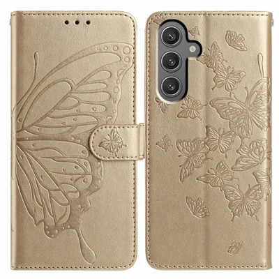 For Samsung Galaxy A15 4G / A15 5G Case Butterfly Imprinted Wallet Stand PU Leather Flip Phone Cover with Strap - Gold