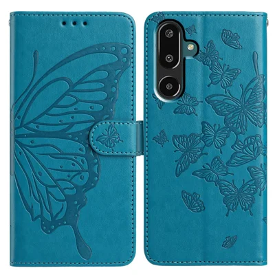 For Samsung Galaxy M16 5G / F16 5G Case Butterfly Imprinted Wallet Stand PU Leather Flip Phone Cover with Strap - Blue
