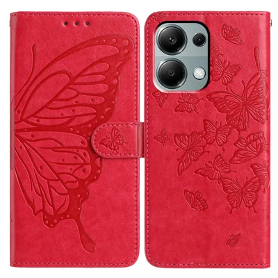 Wallet Stand Case for Xiaomi Redmi Note 13 Pro 4G / 14S 4G / Poco M6 Pro 4G Butterfly Imprinted PU Leather Flip Phone Cover with Strap - Red