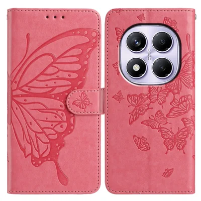 Wallet Case for Xiaomi Redmi Note 14 Pro 5G / 14 Pro 4G / 14 Pro+ 5G / Poco X7 5G Butterfly Imprinted PU Leather Phone Cover with Strap - Rose