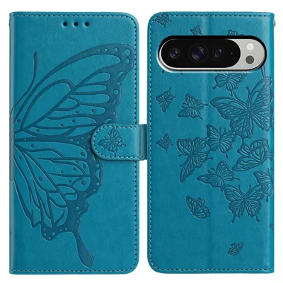 For Google Pixel 9 Pro XL / 10 Pro XL Case Butterfly Imprinted Wallet Stand PU Leather Flip Phone Cover with Strap - Blue