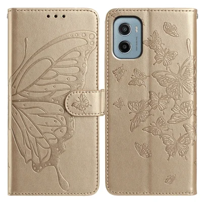 For Motorola Moto E15 4G / G05 4G Case Butterfly Imprinted Wallet Stand PU Leather Flip Phone Cover with Strap - Gold