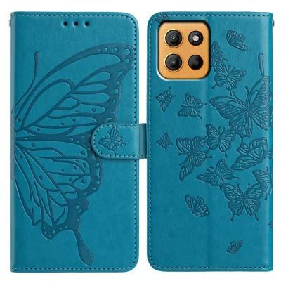 Voor Motorola Moto G15 4G hoesje met vlinderprint portefeuille staande PU lederen flip hoes met riem - Blauw