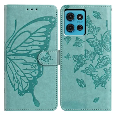 Voor Motorola Moto G75 5G Hoesje Vlinder Afdruk Portemonnee Stand PU Leren Flip Hoesje met Bandje - Groen
