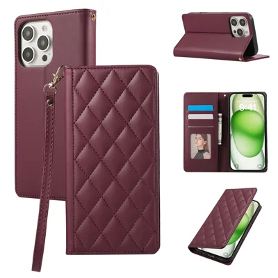 For iPhone 15 Pro Case RFID Blocking Wallet Stand Rhombus Leather Phone Cover with Wrist Strap - Red