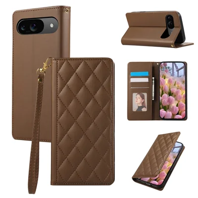 For Google Pixel 9 / 9 Pro Case RFID Blocking Wallet Stand Rhombus Leather Phone Cover with Wrist Strap - Brown