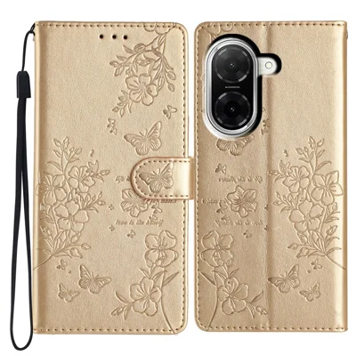 For Xiaomi Redmi A5 NFC (EU) (173.45mm) Wallet Phone Case Butterfly Floral Imprint Leather Flip Cover with Strap - Gold