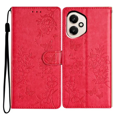 For Honor 400 5G (Global) Wallet Phone Case Butterfly Floral Imprint Leather Flip Cover with Strap - Red
