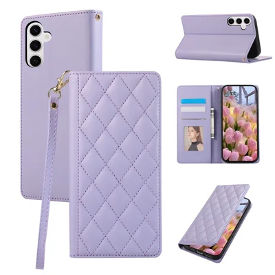 For Samsung Galaxy A16 4G / 5G / A26 5G Case RFID Blocking Wallet Stand Rhombus Leather Phone Cover with Wrist Strap - Purple