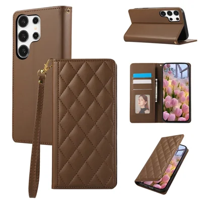 For Samsung Galaxy S24 Ultra Case RFID Blocking Wallet Stand Rhombus Leather Phone Cover with Wrist Strap - Brown