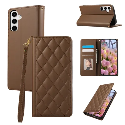 For Samsung Galaxy A05s 4G Case RFID Blocking Wallet Stand Rhombus Leather Phone Cover with Wrist Strap - Brown