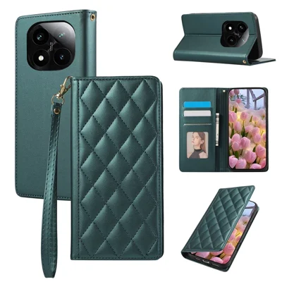 Phone Case For Xiaomi Redmi Note 14 Pro 5G / Note 14 Pro+ 5G / Poco X7 5G , RFID Blocking Wallet Stand Rhombus Leather Cover with Wrist Strap - Green