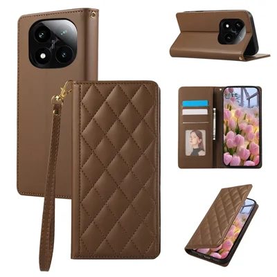 For Xiaomi Redmi Note 14 Pro 4G Case RFID Blocking Wallet Stand Rhombus Leather Phone Cover with Wrist Strap - Brown