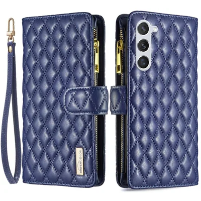 BINFEN COLOR BF Style-15 Zipper Wallet Case for Samsung Galaxy S23, Imprinted Rhombus Pattern PU Leather Stand Magnetic Phone Cover with Strap - Blue