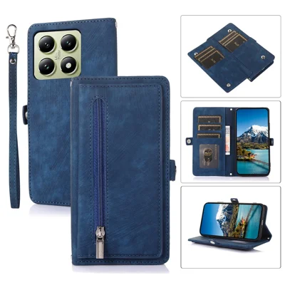 Voor Xiaomi 15 Hoesje met Ritsvak en 9 Kaartslots PU Leren Telefoonhoes met Polsbandje - Blauw